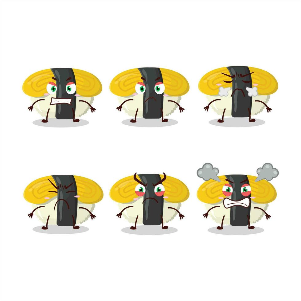 tamago Sushi desenho animado personagem com vários Bravo expressões vetor