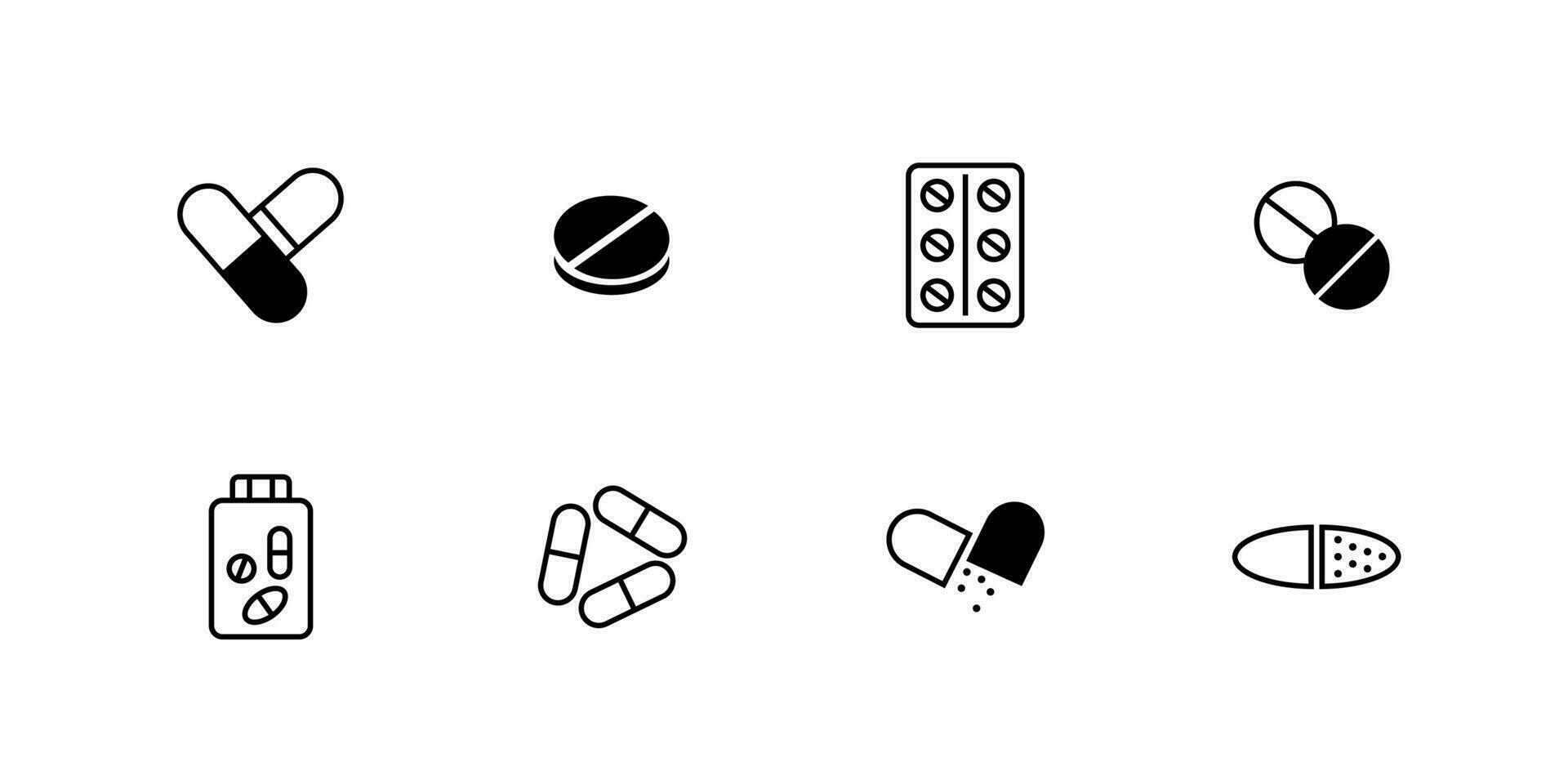 pílulas e cápsulas ícone definir. símbolos do doença prevenção e tratamento com farmacêutico Cuidado para saúde e normal vivo vetor vida