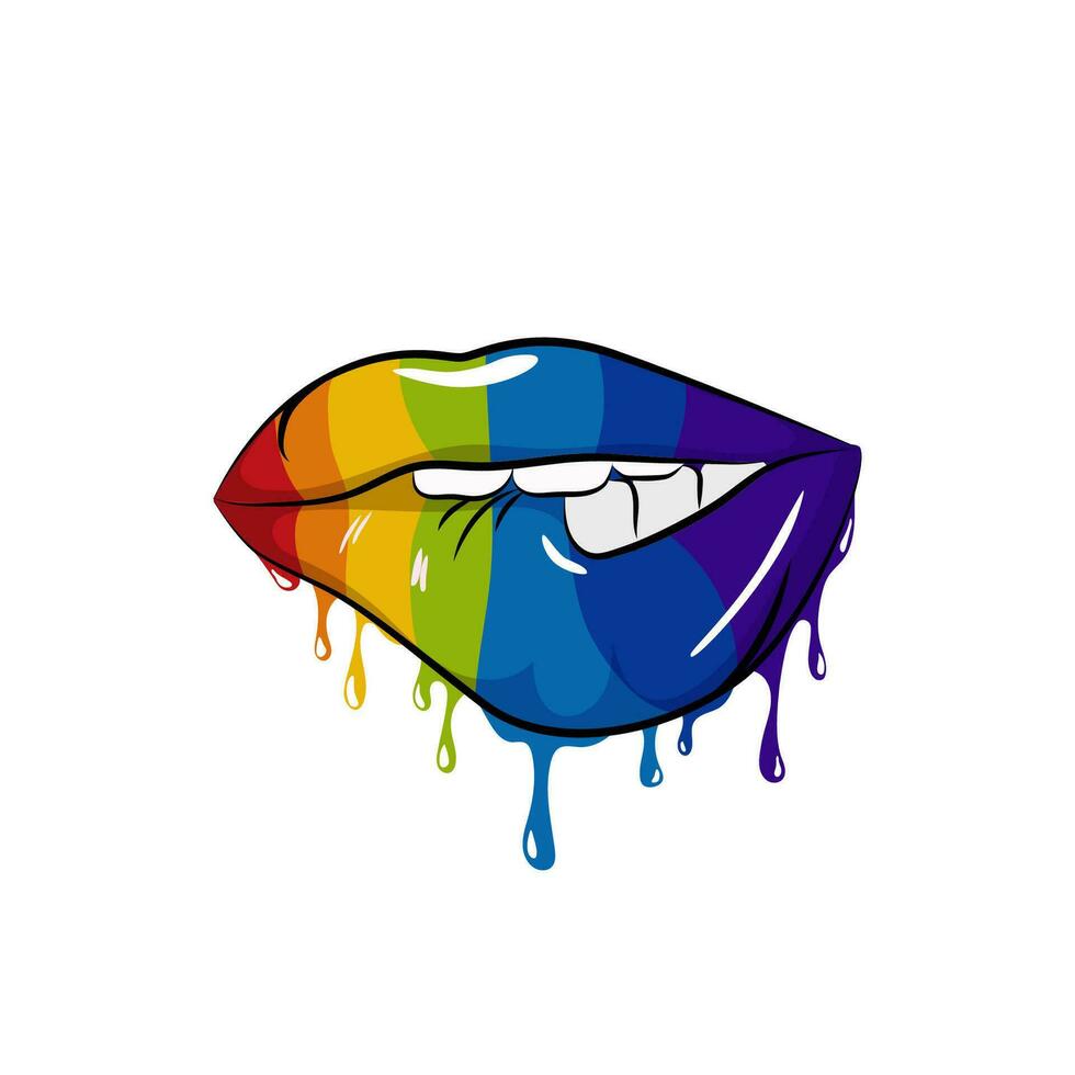 arco Iris pop lábios com ondas. listrado Maquiagem com sexy Beijos e sorrir para colorida quadrinho Projeto e aberto vetor beleza expressão