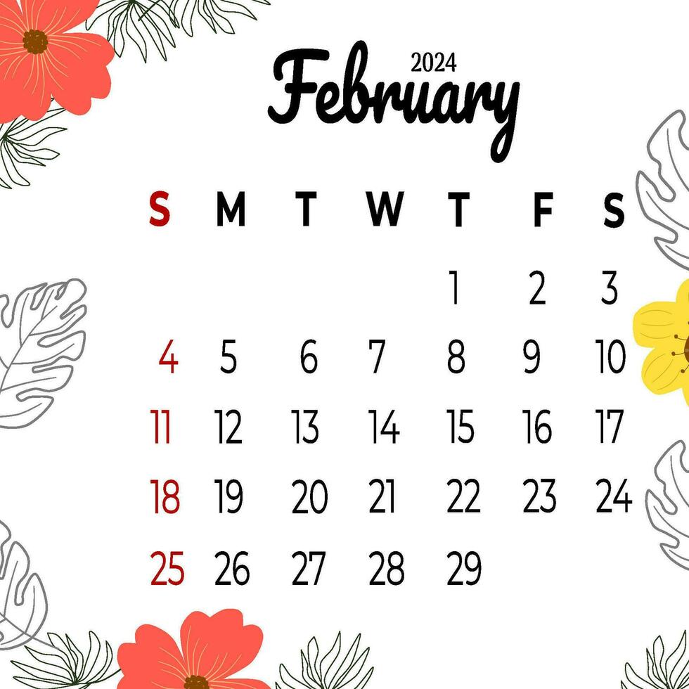 calendário fevereiro 2024 com flores vetor