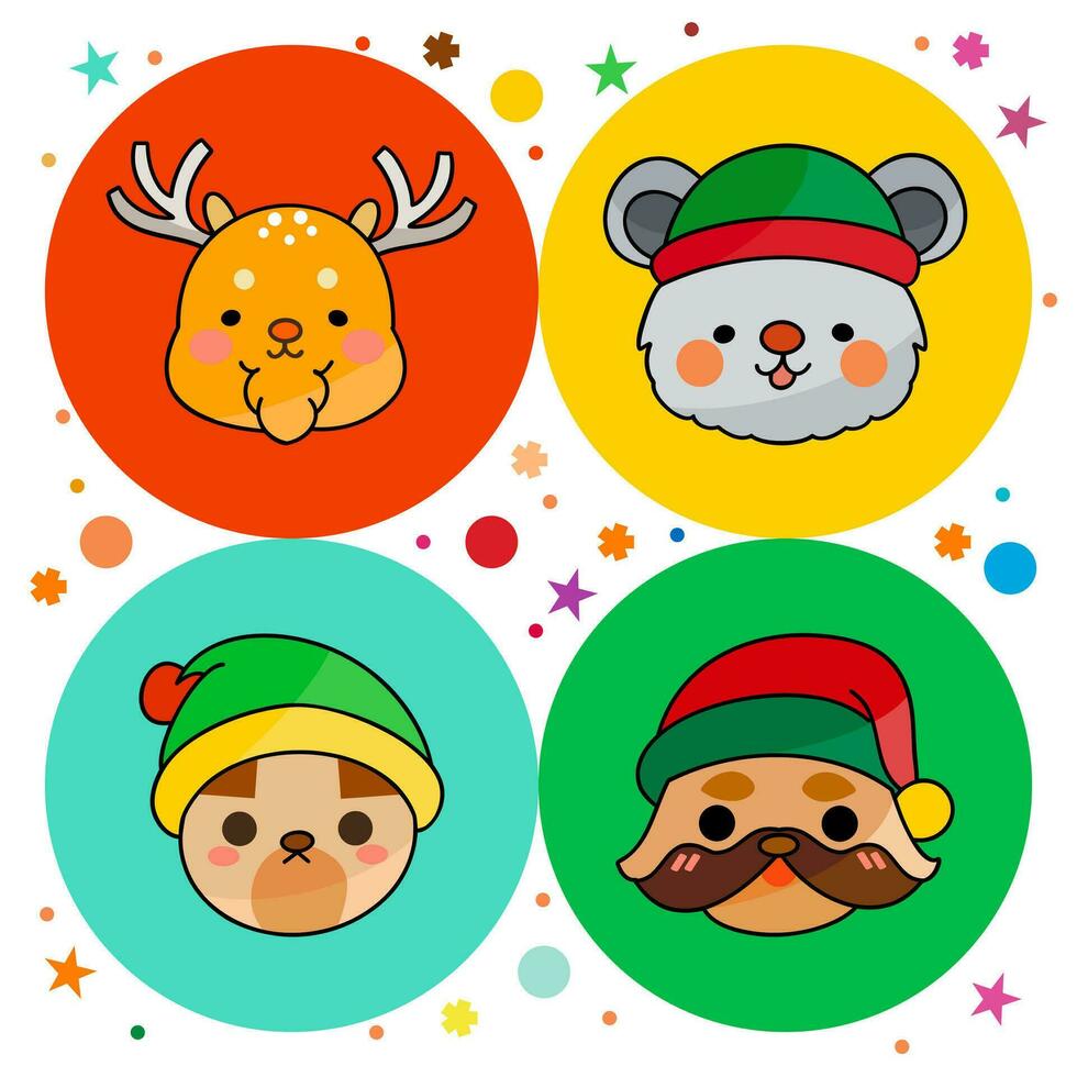 conjunto do plano desenho animado animais, santa claus cabeça personagens, fofa colorida estilo, Natal feriado, rena, urso, vetor ilustração