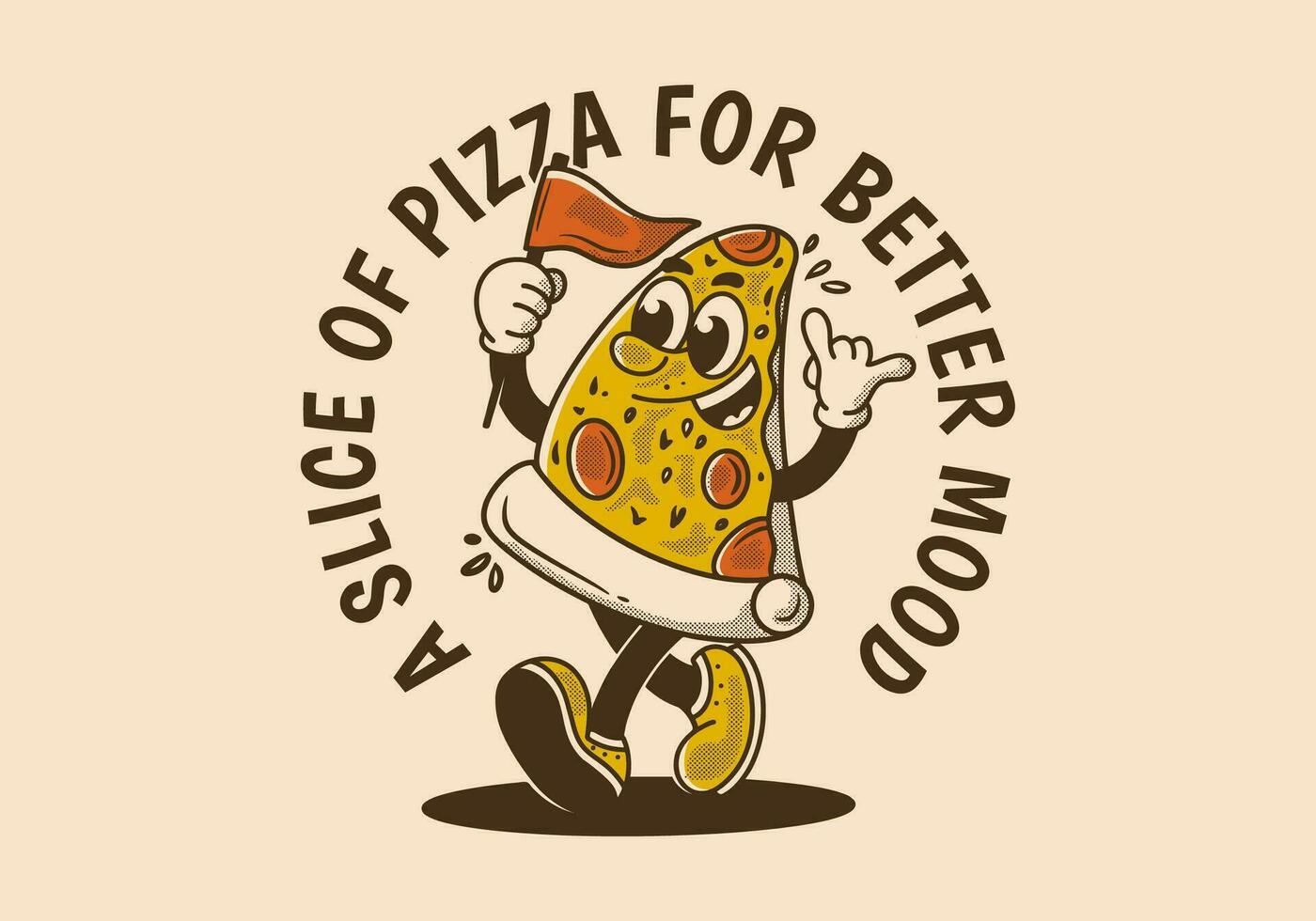 uma fatia do pizza para Melhor humor. mascote personagem ilustração do caminhando pizza, segurando uma bandeira vetor
