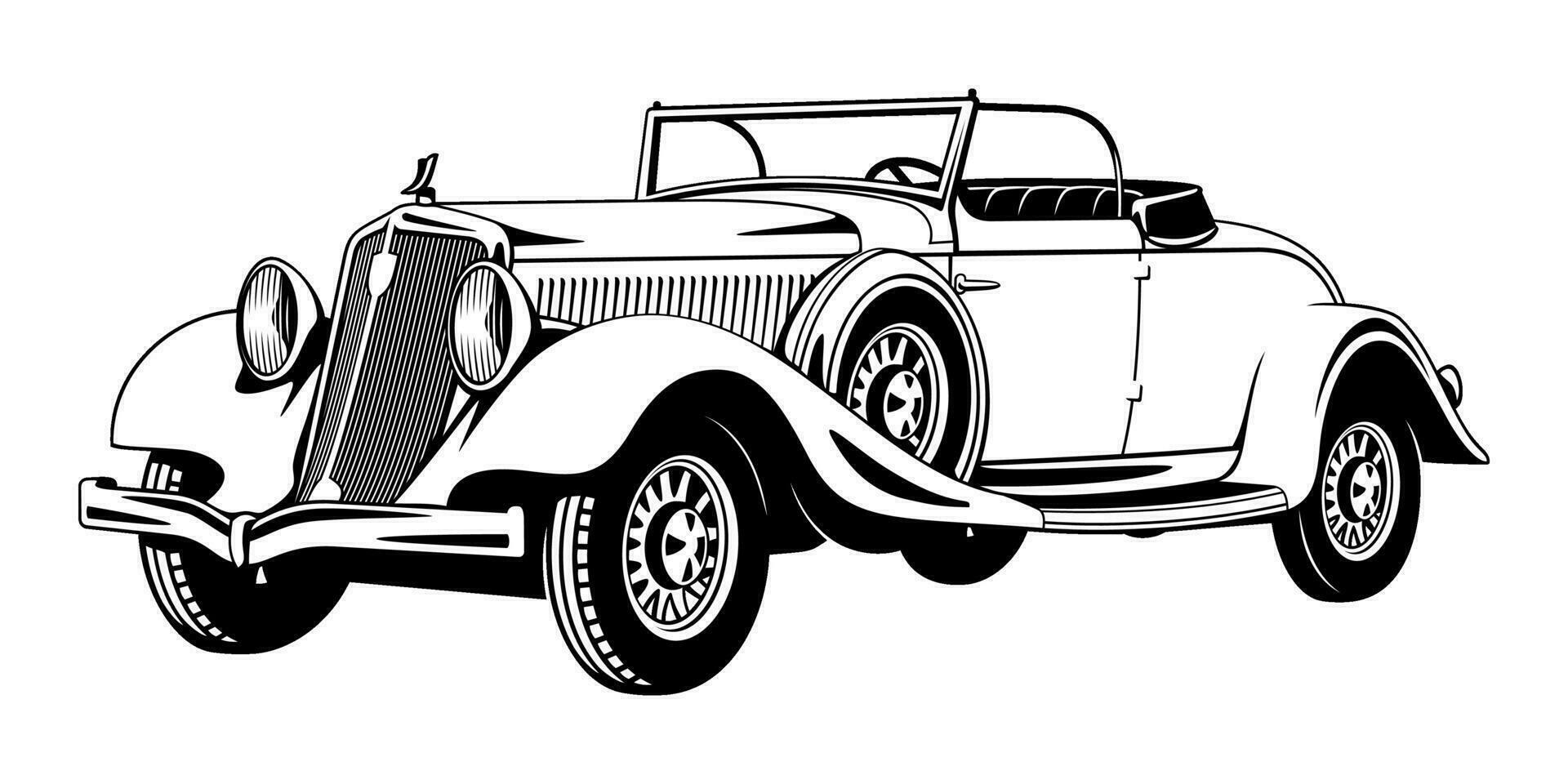 vintage carro cabriolet do 20 anos. Preto e branco vetor clipart isolado em branco.