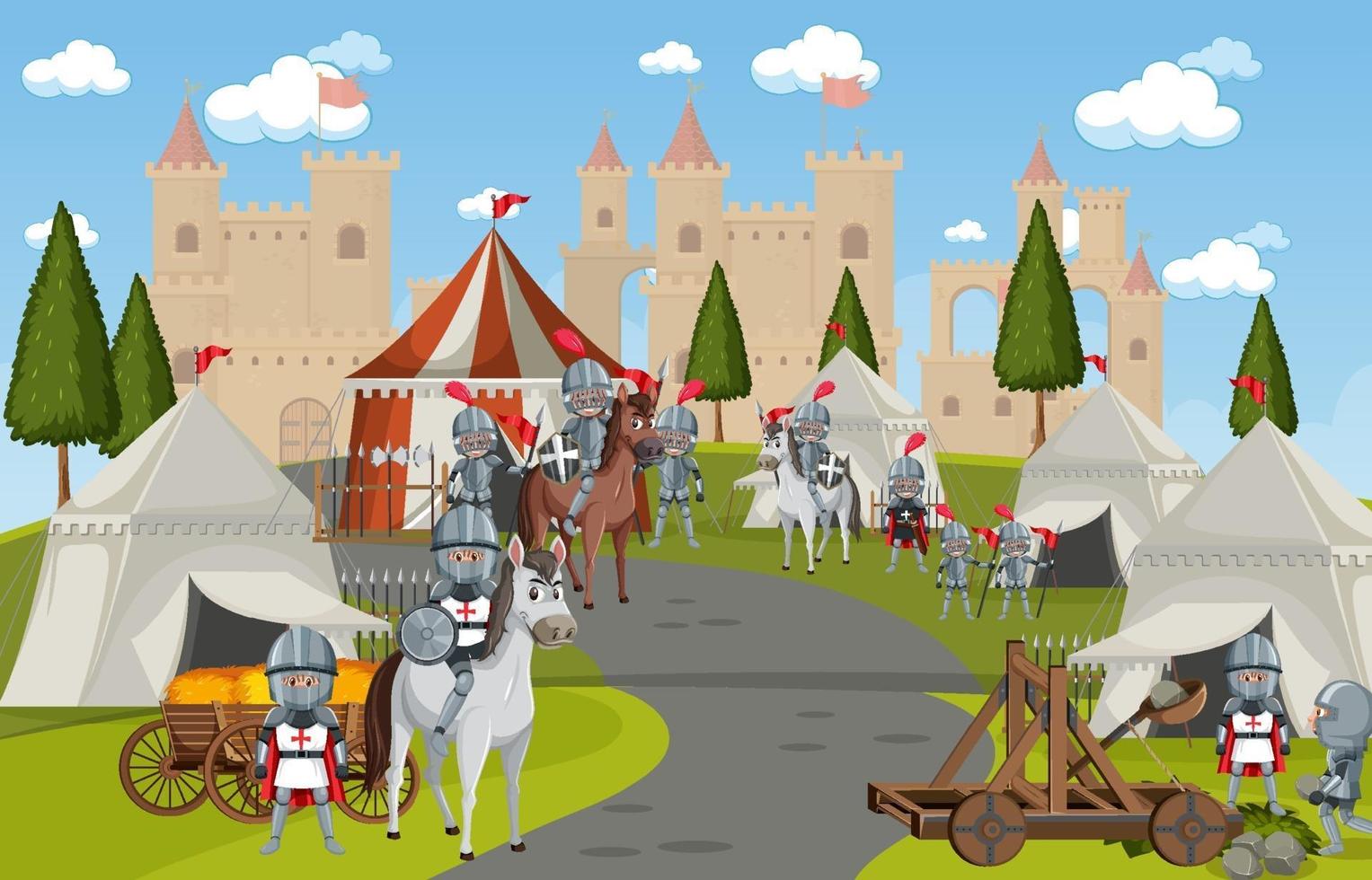 acampamento militar medieval com tendas e castelo vetor