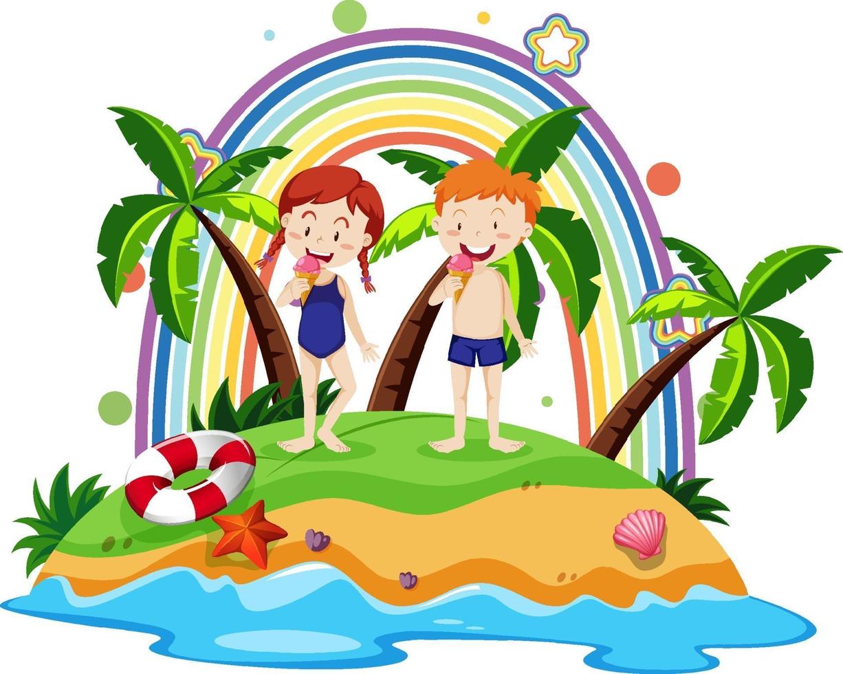 arco-íris na ilha com crianças vetor