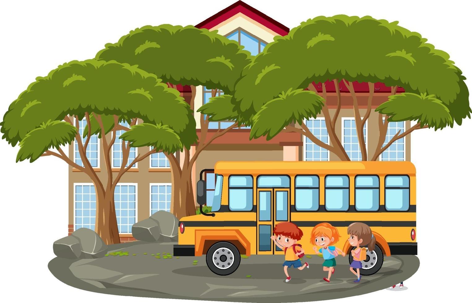 cena escolar isolada ao ar livre com muitas crianças e ônibus escolar vetor