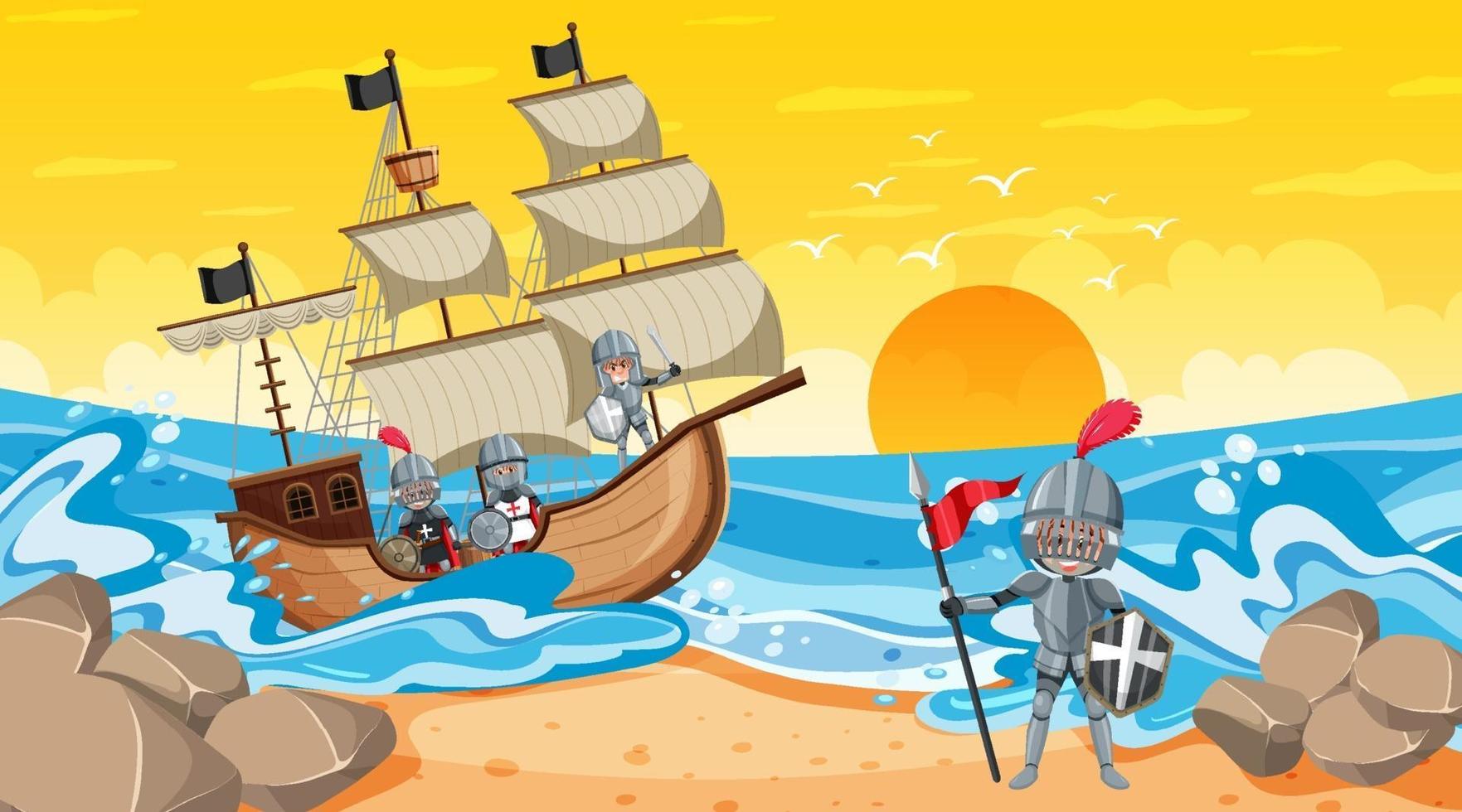 cavaleiros exploram novas terras de barco vetor