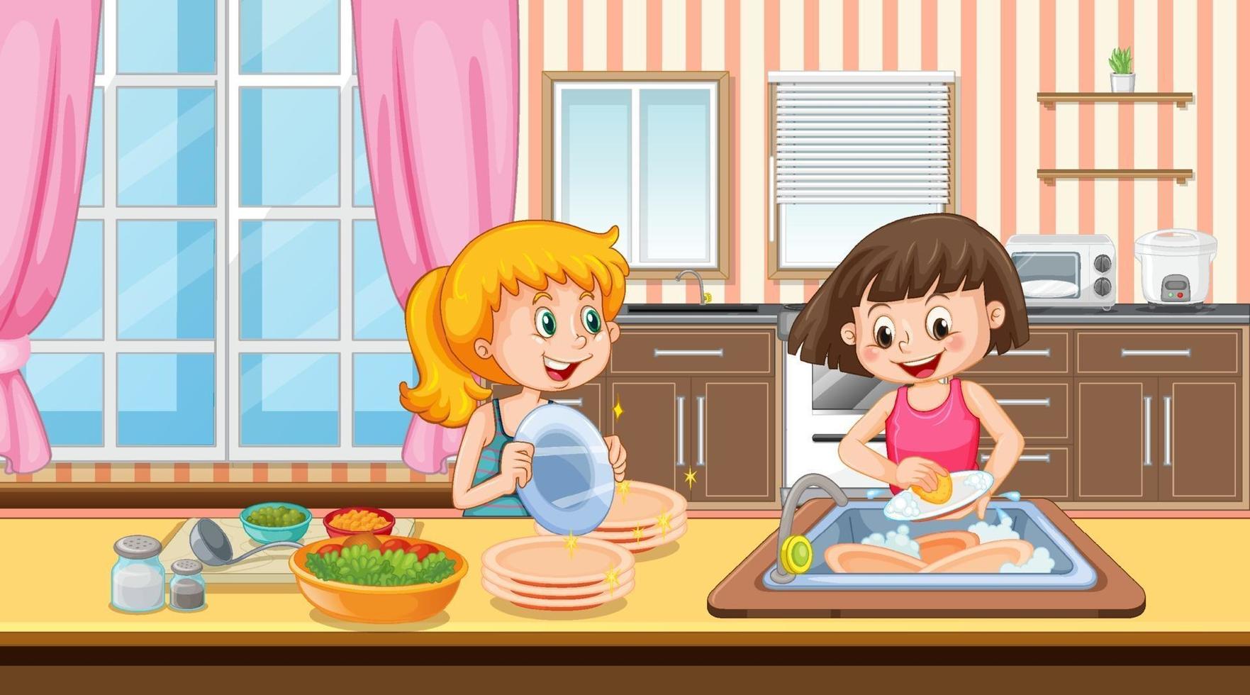 cena com duas meninas lavando louça na cozinha vetor