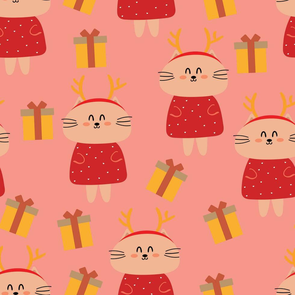 fofa desenho animado gatos e Natal presentes desatado padrão, com Natal ilustrações. fofa animal papel de parede para invólucro papel vetor