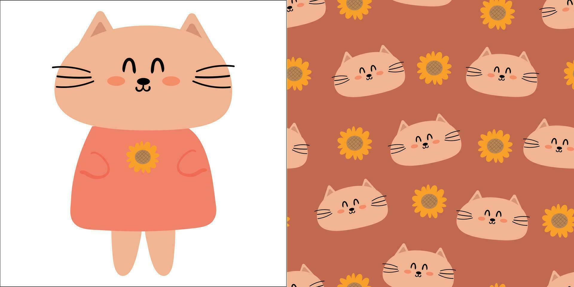 mão desenhado ilustração e desatado padronizar com fofa desenho animado gato vestindo Rosa roupas vetor