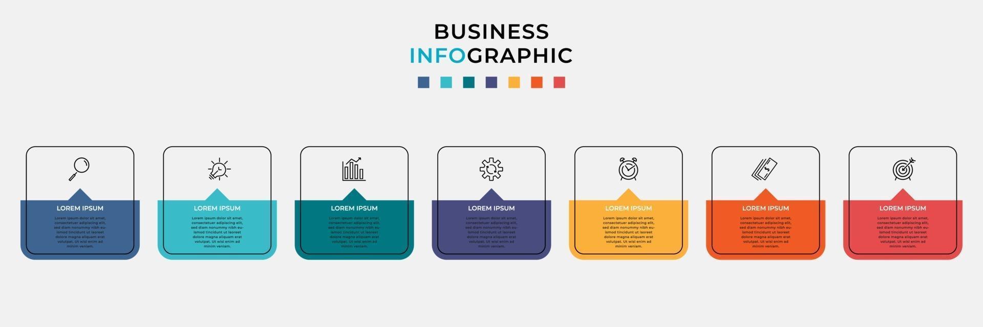 infográfico design modelo de negócios com ícones e 7 opções ou etapas vetor