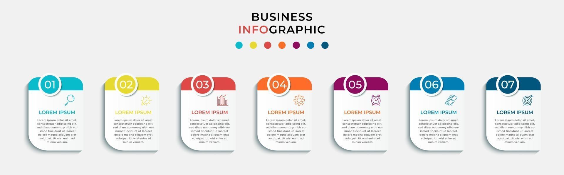 infográfico design modelo de negócios com ícones e 7 opções ou etapas vetor