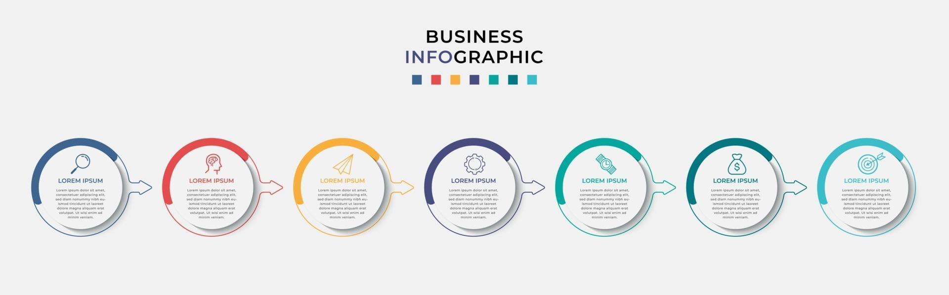 infográfico design modelo de negócios com ícones e 7 opções ou etapas vetor