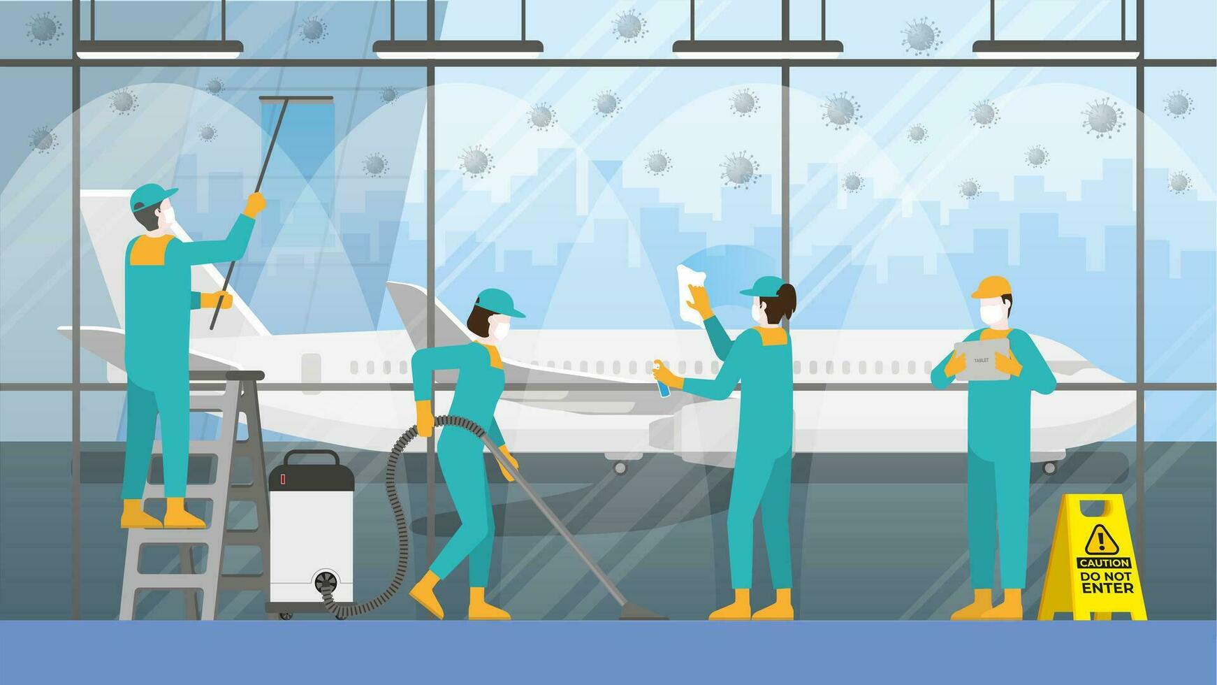 limpeza equipe técnica equipe dentro internacional aeroporto. limpar \ limpo e Verifica inspetor vetor