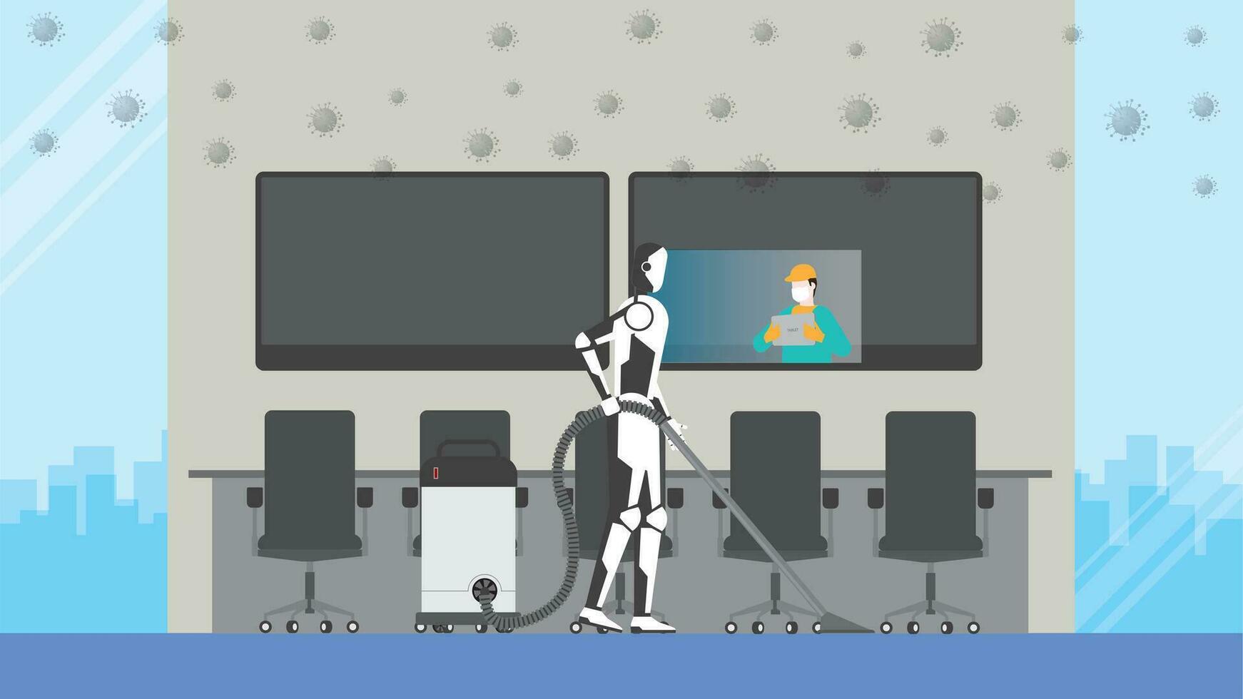 limpeza robô ao controle de humano controlo remoto dentro risco área. n escritório encontro sala. vetor