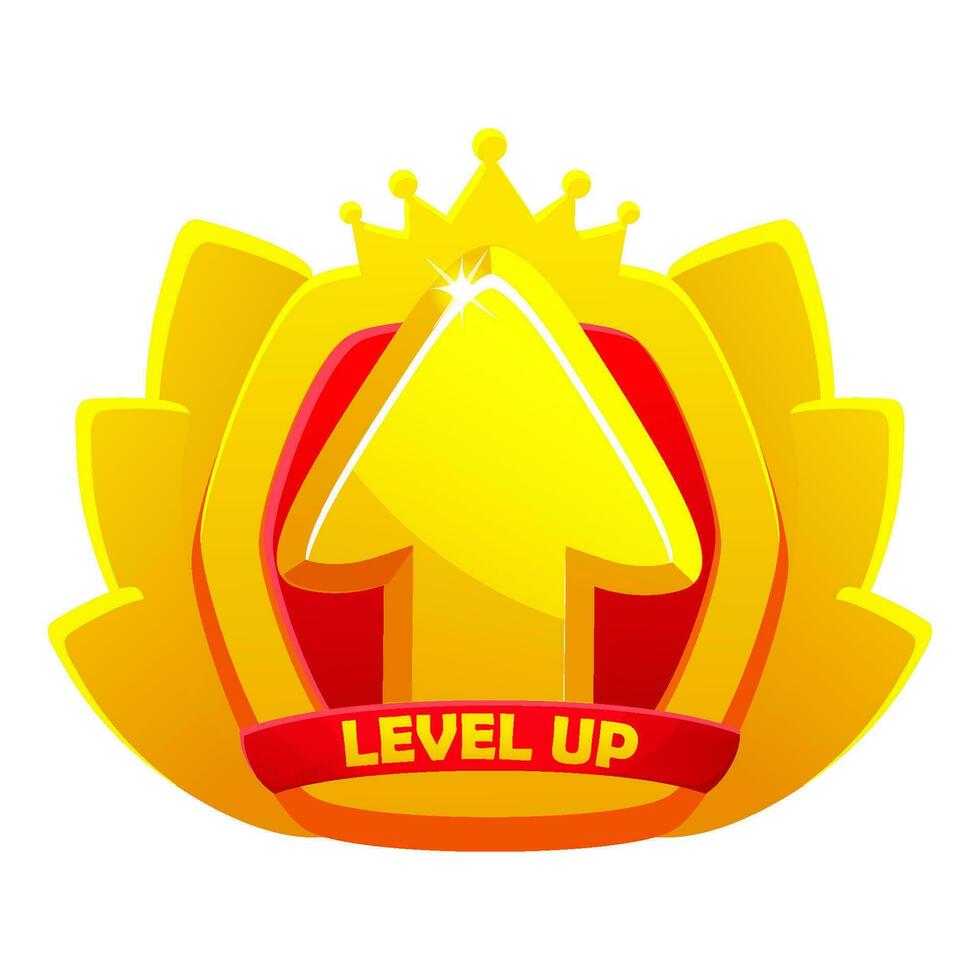 jogos nível acima crachá ícone. vetor bônus classificação recompensa emblema com dourado levantando seta, coroa, e escudo.