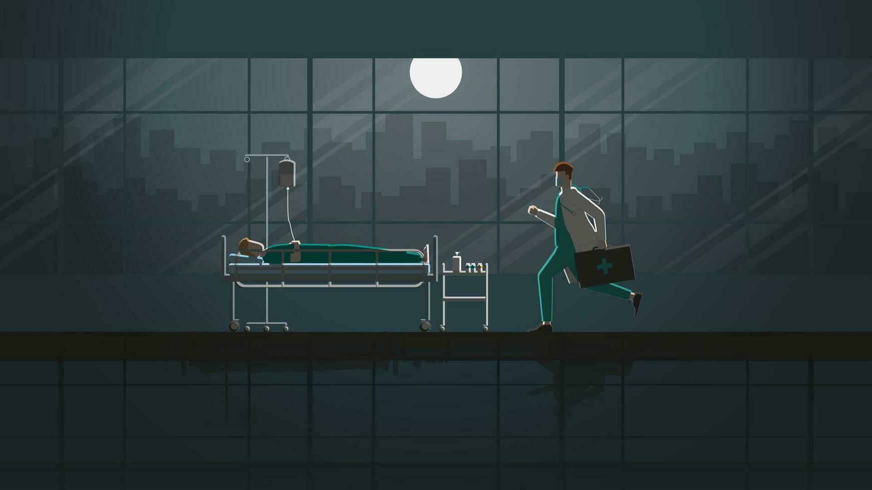 médico corre para doente paciente dormir em cama dentro hospital enfermaria às noite. vetor