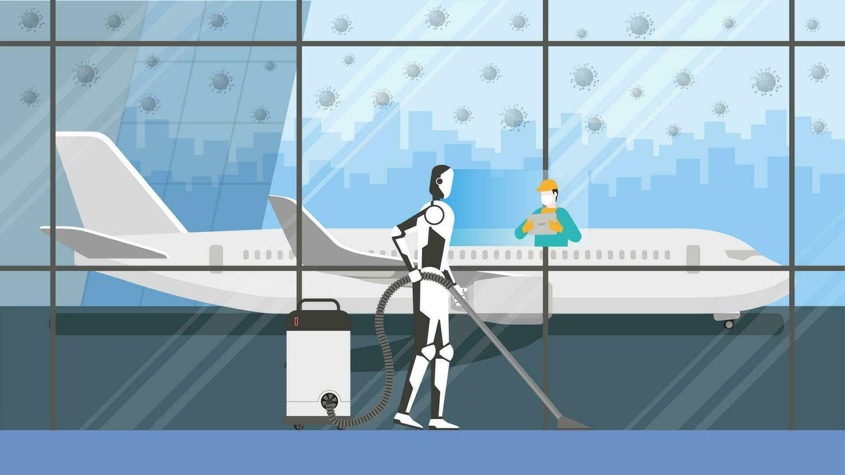 limpeza robô ao controle de humano controlo remoto dentro risco área. limpador dentro a aeroporto terminal. vetor