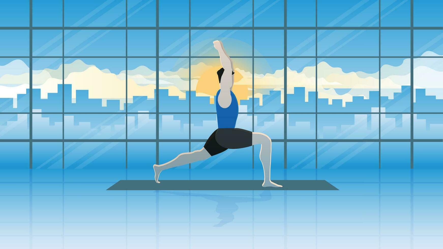 ioga postura e meditação do homem praticando exercícios dentro Saldo pose e corpo alongamento. vetor