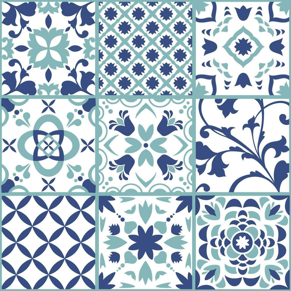 espanhol ou Português vetor telha, Lisboa flor mosaico, Mediterrâneo desatado Sombrio azul enfeite