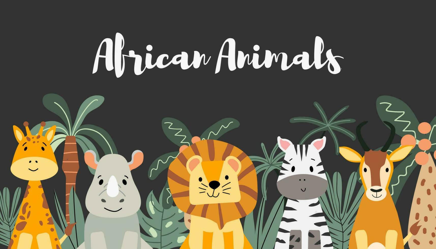 vetor bandeira com fofa africano animais. selvagem animais dentro tropical plantas. zebra, leão, girafa, antílope e rinoceronte dentro plano desenho animado estilo em Preto fundo.