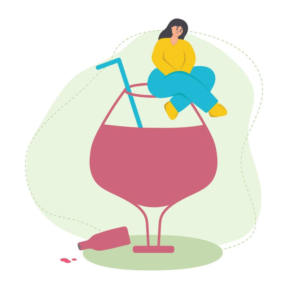 fêmea alcoolismo. uma triste menina senta em uma vidro do vinho. mau hábito, álcool vício. plano vetor ilustração