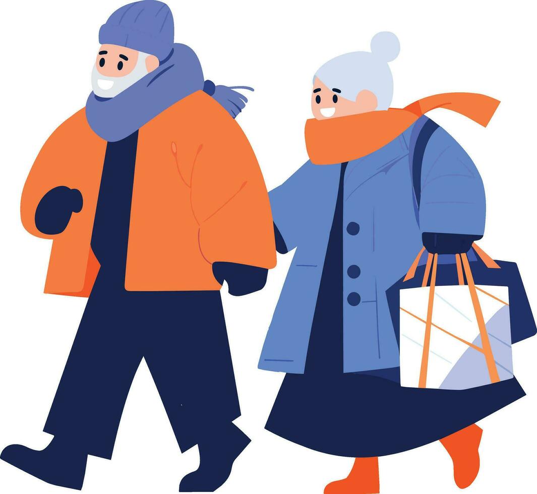 mão desenhado casal vestindo inverno roupas anda em em uma caminho preenchidas com neve dentro plano estilo vetor