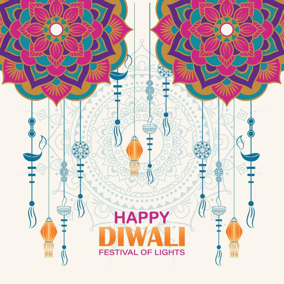 feliz Diwali, festival do luzes, papel gráfico do indiano rangoli, dourado luzes, colorida decorativo fundo, azul magenta fundo vetor