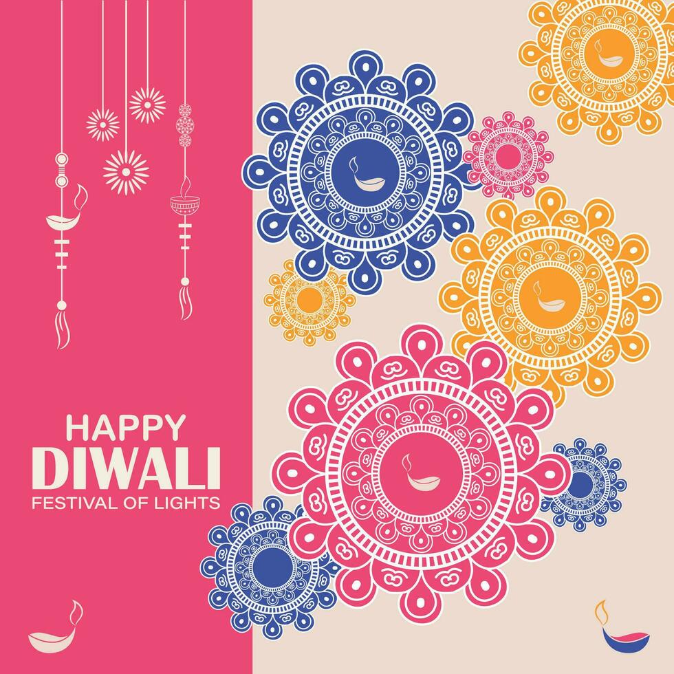 feliz Diwali, festival do luzes, papel gráfico do indiano rangoli, dourado luzes, colorida decorativo fundo, azul magenta fundo vetor