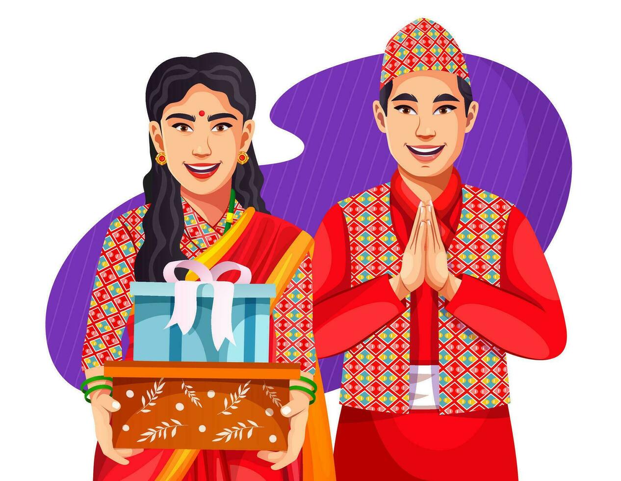 sorridente nepalês casal cumprimento vestindo tradicional vestir em pé dentro uma cumprimento pose para namaste mãos, dando fita arco presente caixas isolado em fundo, homem vestindo dhaka topi vetor