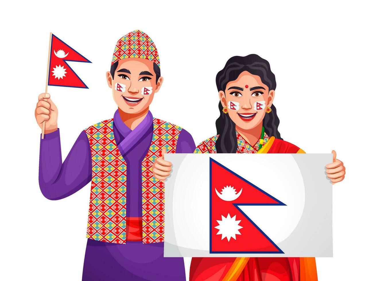 nepalês jovem pessoas comemoro a independência ou república dia do Nepal. pessoas dentro nepalês étnico pano segurando a bandeira e a comemorar vetor