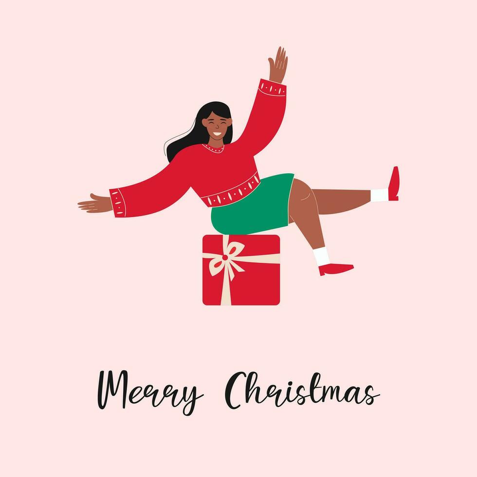 Natal cartão com uma alegre mulher sentado em uma grande vermelho presente. vetor