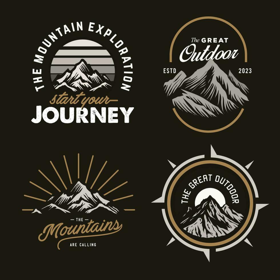 clássico camiseta gráfico arte ativos. conjunto coleção do vintage aventura crachá . acampamento emblema logotipo com montanha ilustração dentro retro hipster estilo. vetor