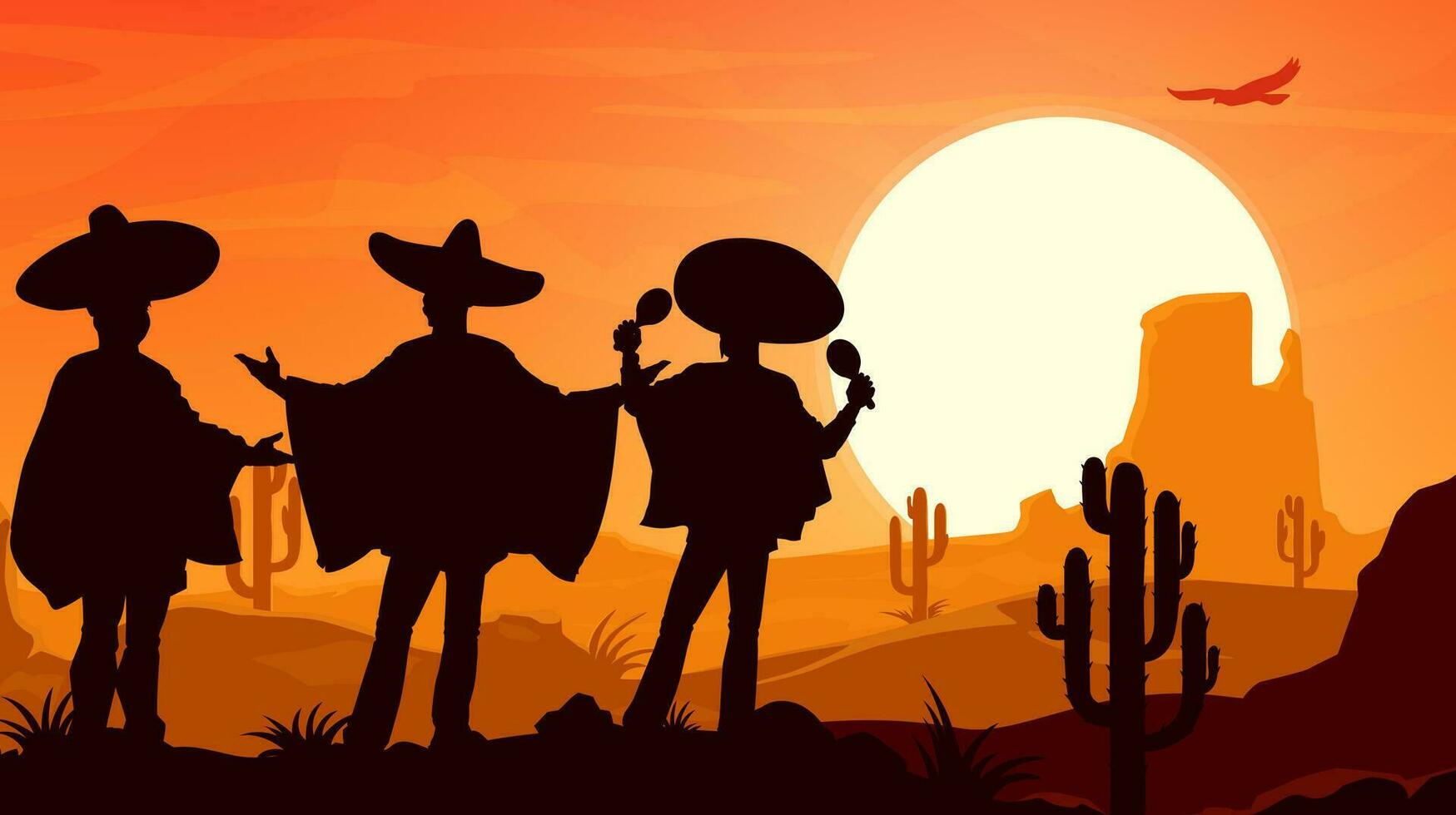 mexicano mariachi músicos silhuetas às deserto vetor