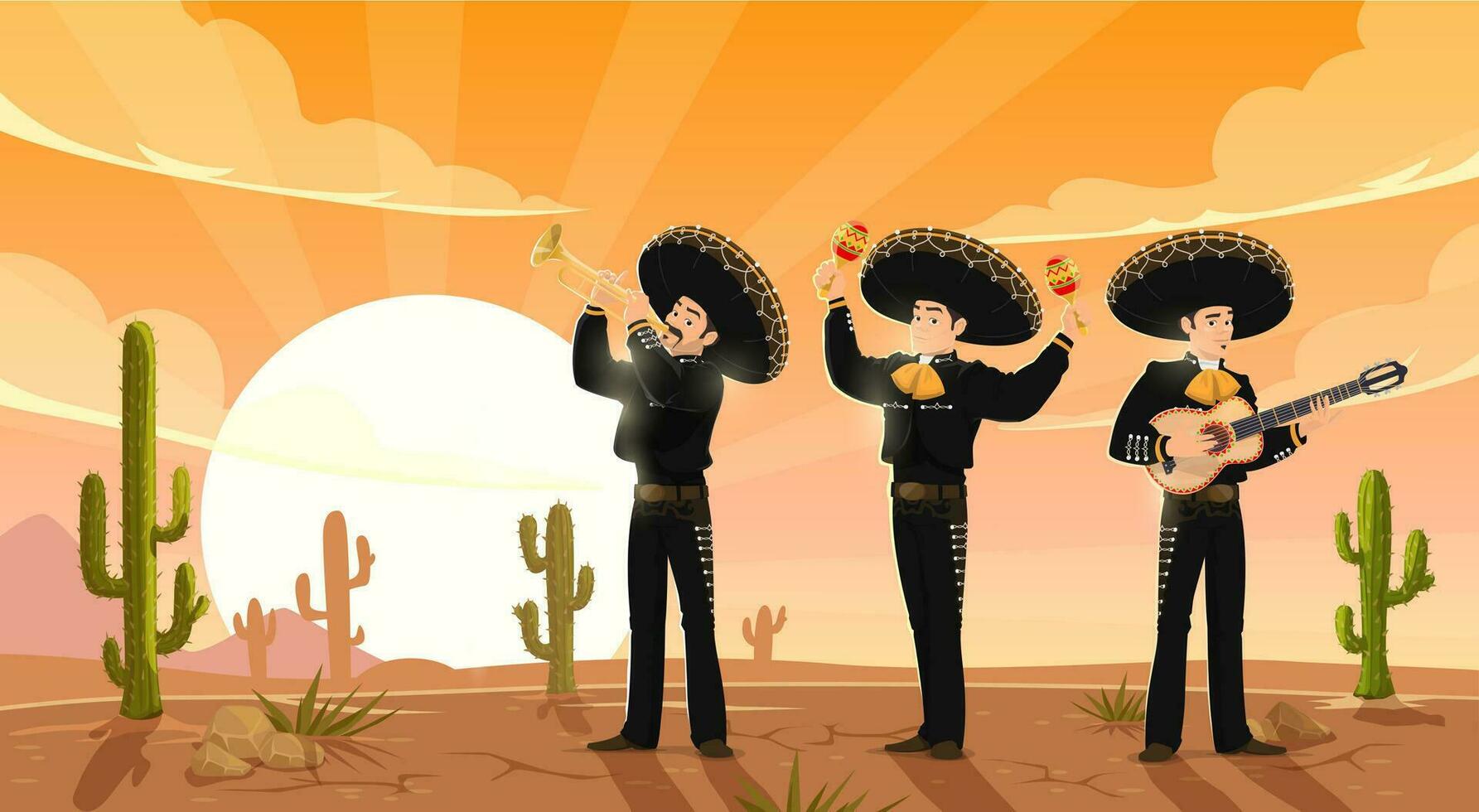 pôr do sol paisagem, três mexicano mariachi músicos vetor