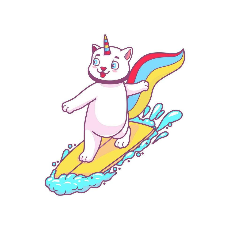 surfar fofa desenho animado caticorn gato em prancha de surfe vetor