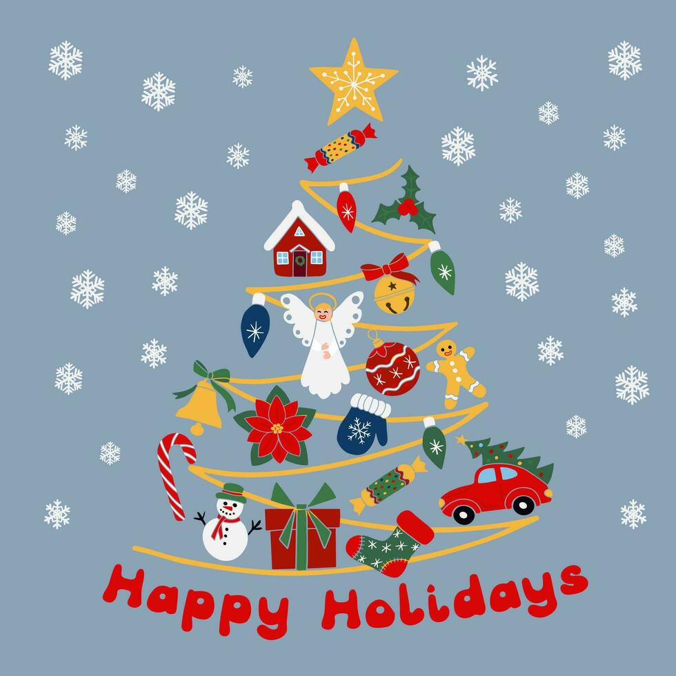 Natal árvore com minimalista tradicional Unid. gráfico composição com texto feliz feriado. mão desenhado inverno feriado elementos. perfeito para gráfico poster, cartão, imprimir, padrão, camisa impressão vetor