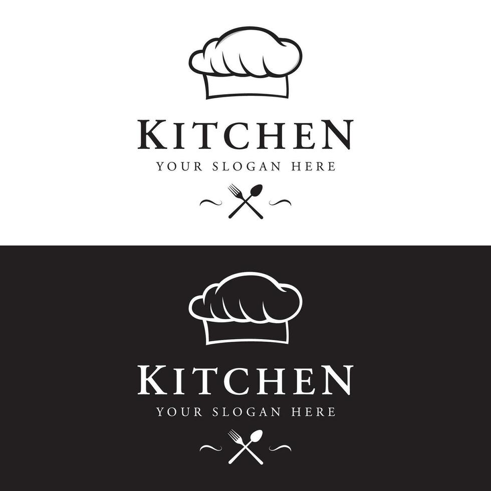 cozinha logotipo Projeto com criativo chef chapéu e cozinhando utensílios. logotipo para restaurante, chefe de cozinha, negócios. vetor