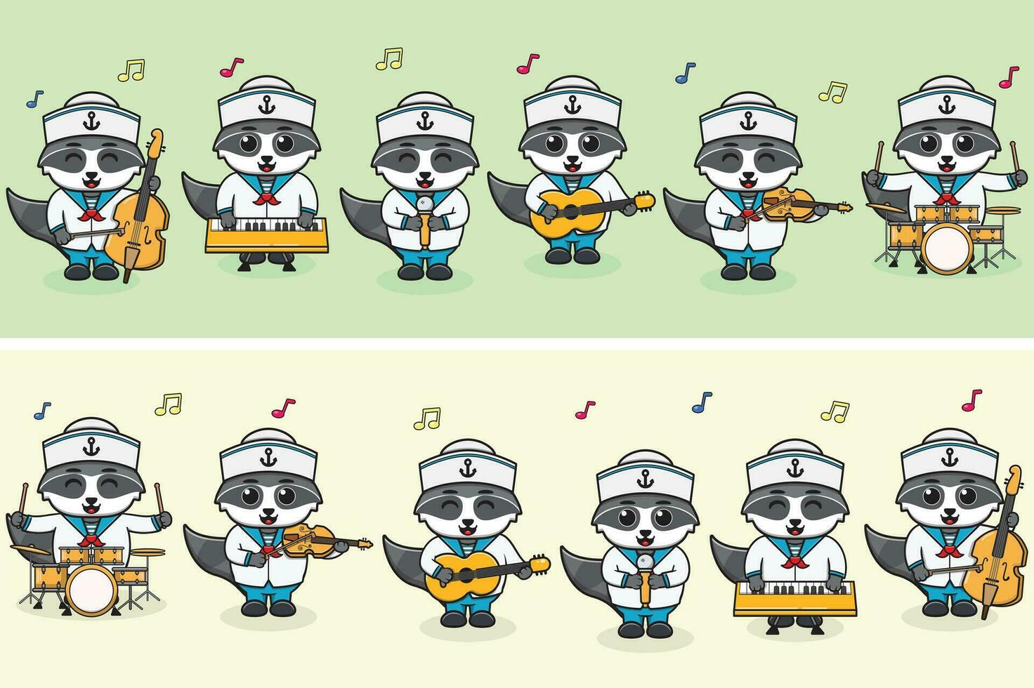 vetor ilustração do fofa guaxinim marinheiros música banda. grande conjunto do fofa animal desenho animado dentro profissões. guaxinim desenho animado plano estilo.