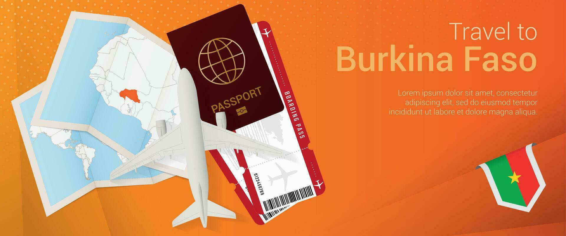 viagem para burkina faso pop-under bandeira. viagem bandeira com Passaporte, bilhetes, avião, embarque passar, mapa e bandeira do burkina faso. vetor