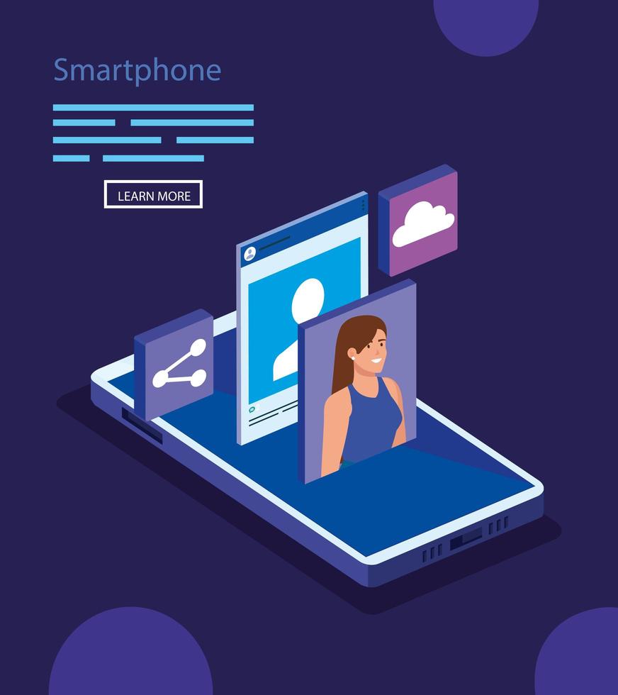 mulher com desenho vetorial de smartphone isométrico vetor