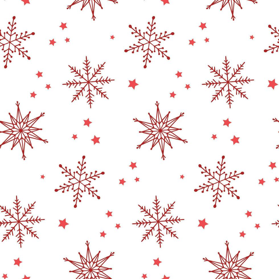 inverno desatado padronizar. vermelho rabisco flocos de neve e estrelas em branco fundo. padronizar para têxtil, tecido, cartão, invólucro papel, convite, papel de parede, etc. vetor ilustração
