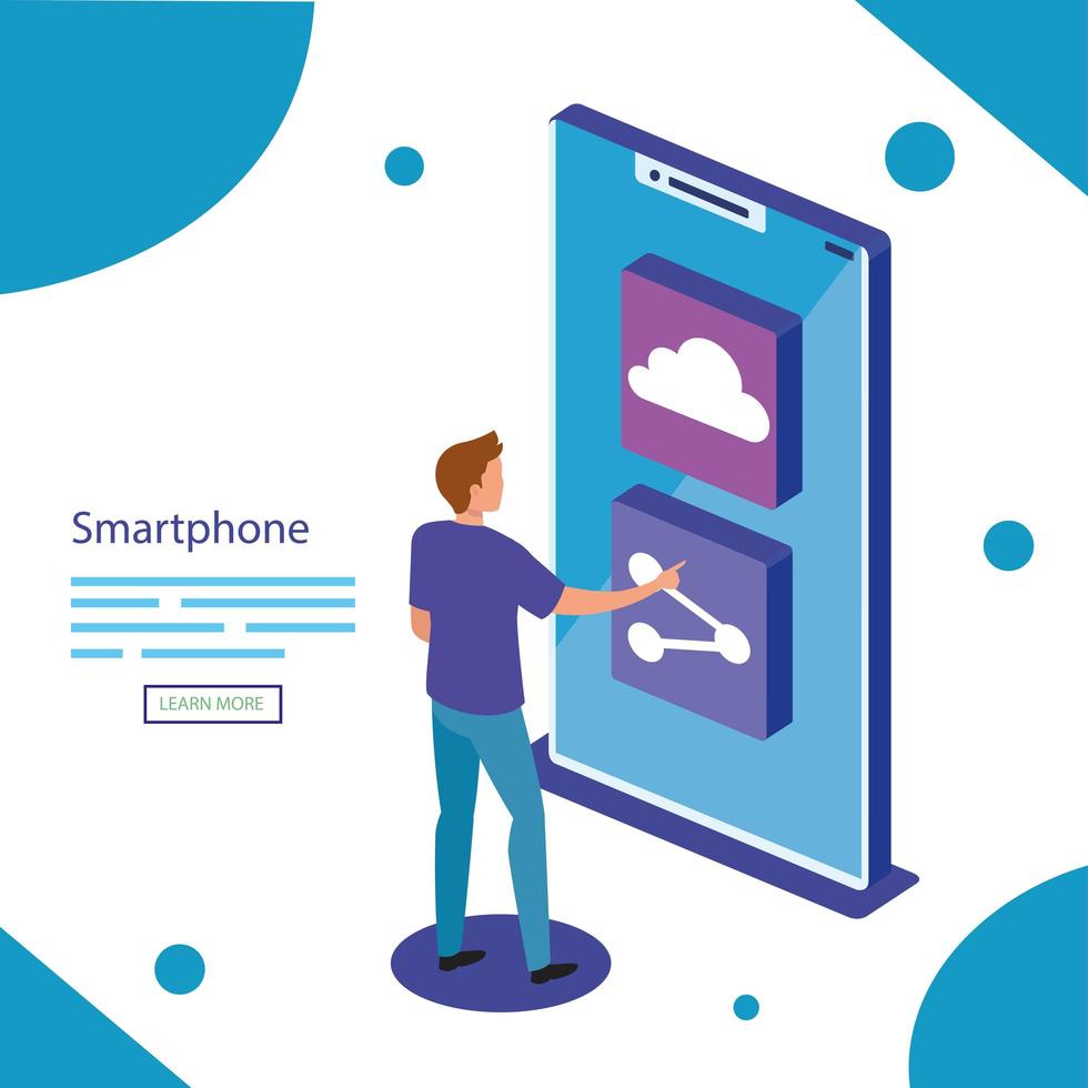 homem com desenho vetorial de smartphone isométrico vetor