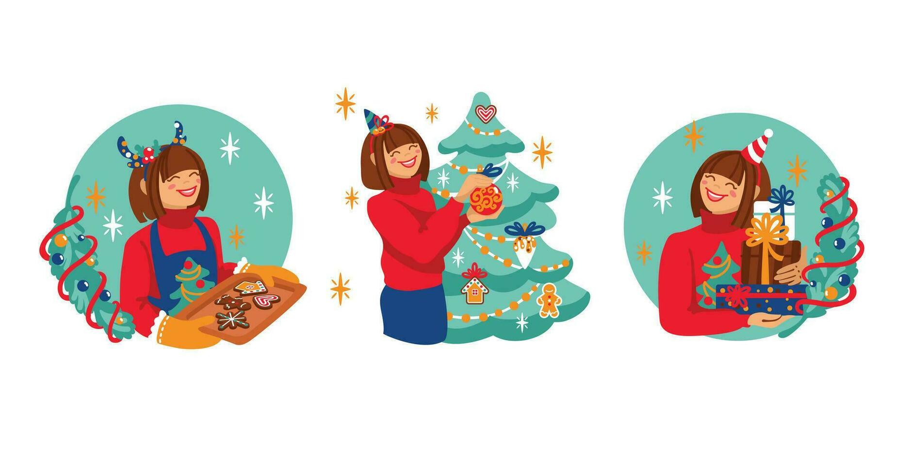 pré-feriado preparações. menina decora uma Natal árvore, prepara Pão de gengibre biscoitos, e pacotes presentes. vetor