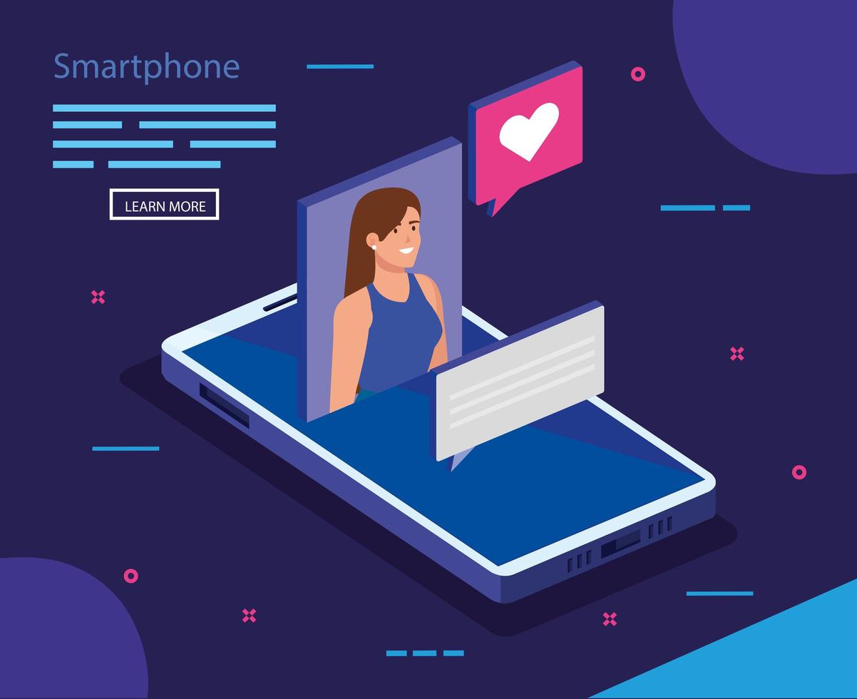 mulher com desenho vetorial de smartphone isométrico vetor