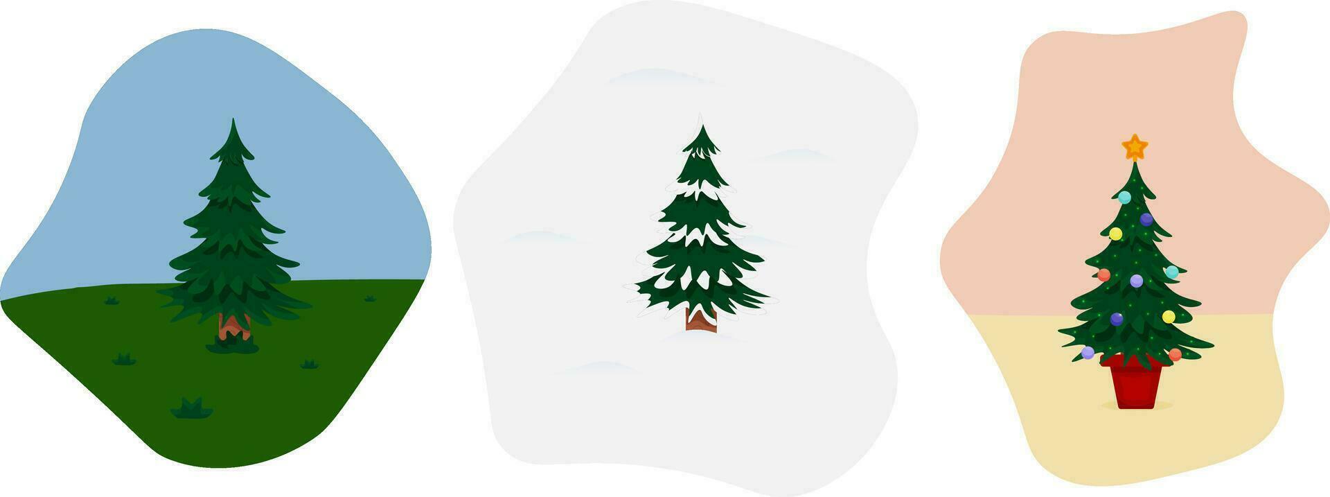 vetor ilustração do uma conjunto do Natal árvores do diferente temporadas. decorado Natal árvore dentro a sala. Natal árvore dentro a inverno floresta. uma Natal árvore dentro uma verde floresta.
