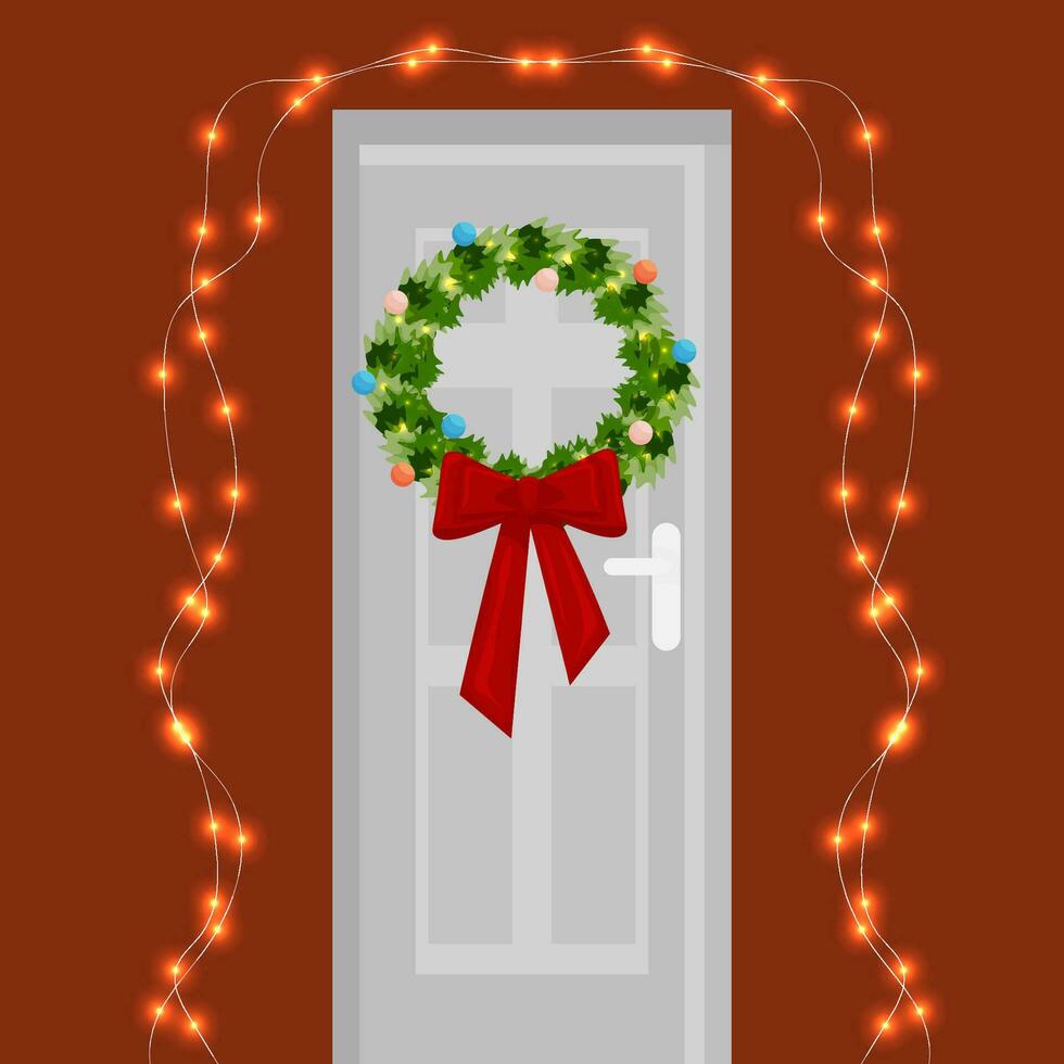 porta é decorado com uma festão e uma guirlanda. inverno decoração em a frente porta. vetor. vetor