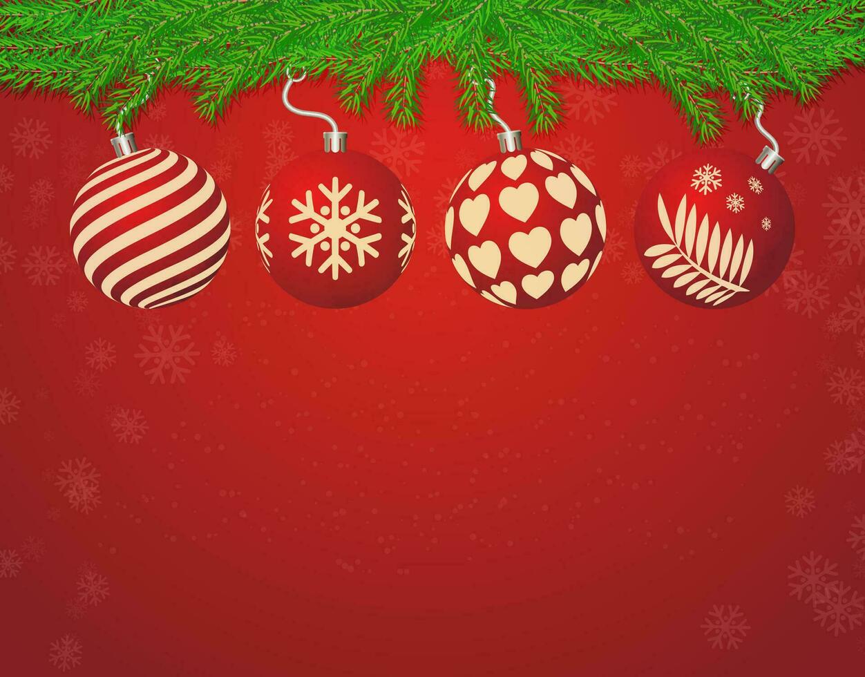 vermelho Natal cartão com flocos de neve e Natal bola feriado decorações. alegre Natal e feliz Novo ano vetor ilustração.
