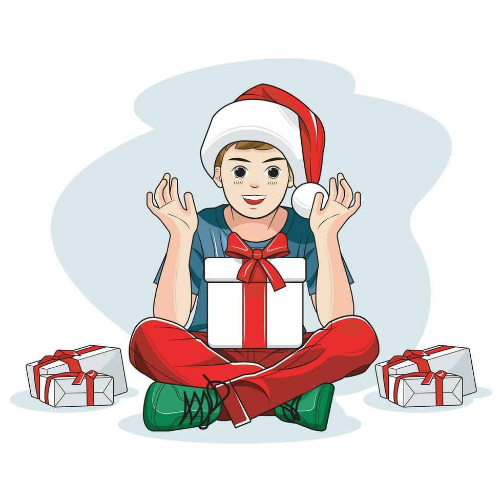 Natal dia. uma fofa pequeno Garoto vestindo uma santa chapéu recebe uma Natal presente caixa. vetor ilustração