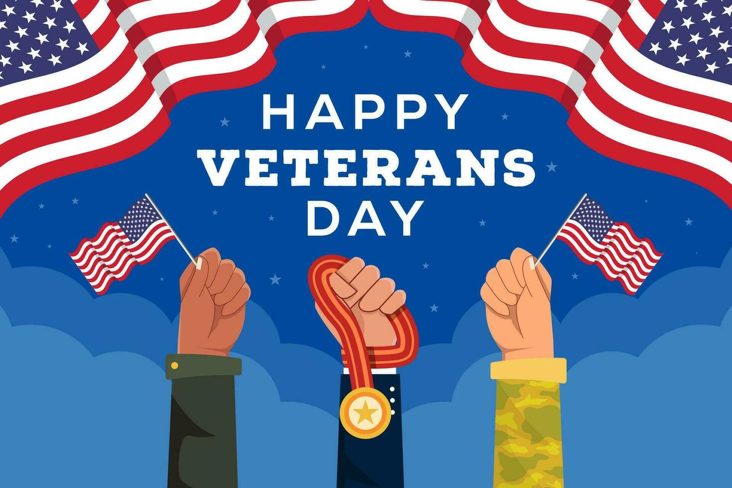 veteranos dia fundo ilustração com mãos segurando bandeira e medalha vetor